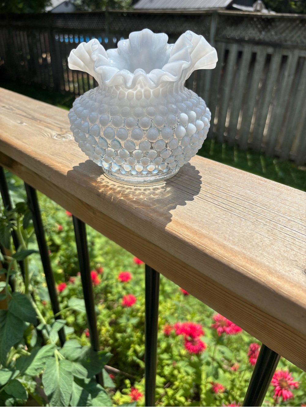 Vintage Fenton White Opalescent Hobnail Ruffled Vase / Rose Bowl
